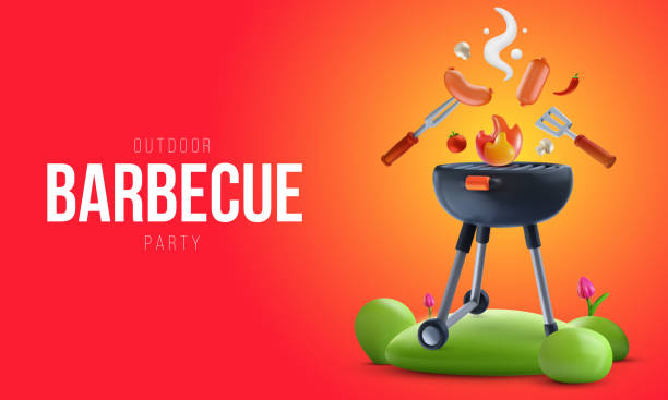 istock Barbecue party background composition in 3d cartoon style. Modern realistic grill with food elements. Bright horizontal template for cover banner, poster, flyer. Vector illustration. 2158416905