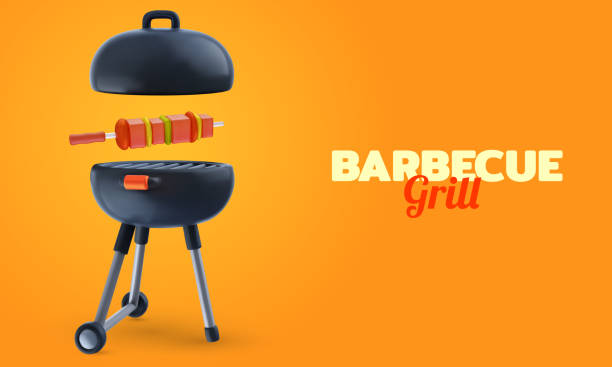 istock Barbecue party background composition in 3d cartoon style. Modern realistic grill with food elements. Bright horizontal template for cover banner, poster, flyer. Vector illustration. 2158416908
