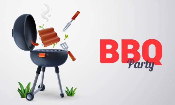 istock Barbecue party background composition in 3d cartoon style. Modern realistic grill with food elements. Bright horizontal template for cover banner, poster, flyer. Vector illustration. 2158416909