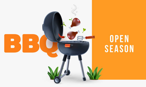 istock Barbecue party background composition in 3d cartoon style. Modern realistic grill with food elements. Bright horizontal template for cover banner, poster, flyer. Vector illustration. 2158416911