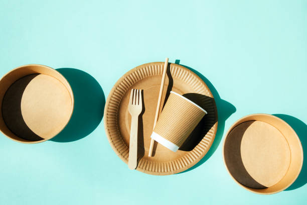 istock A paper utensils, plates and wooden cutlery on a blue background. Eco friendly pattern, zero waste concept 2158417081