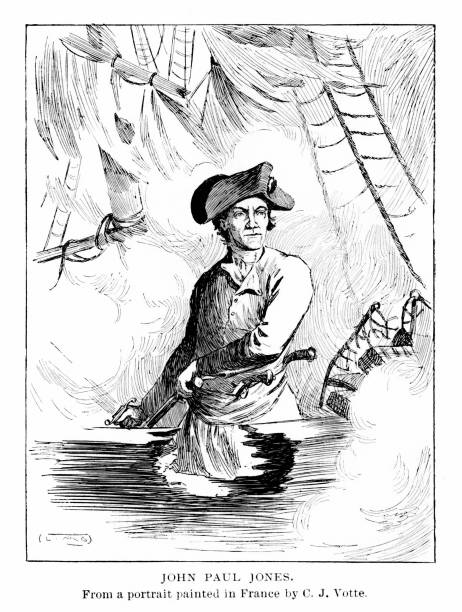John Paul Jones Portrait, United States Navy, American Revolution, 18th Century American History Portrait of John Paul Jones (July 6, 1747, United Kingdom - July 18, 1792 Paris, France), naval commander in the American Revolutionary War. Illustration engraving published 1893. Original edition is from my own archives. Copyright has expired and is in Public Domain. john paul jones stock illustrations