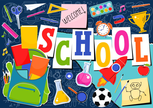 istock School. Open school backpack full of stationery with school subject doodle and hand drawing lettering. 2158426907