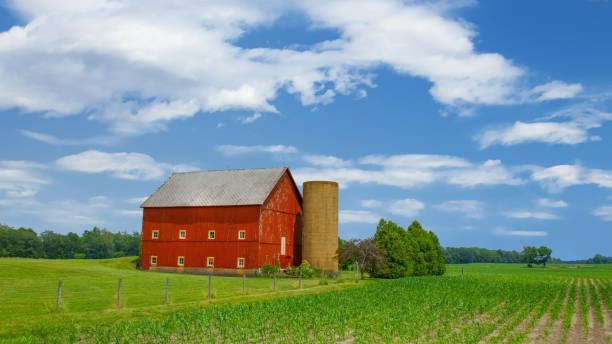 istock Old Weathered Red Barn with silo and corn field-Carrol County, Indiana 2158431358