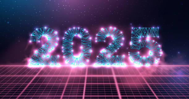 istock Happy new year 2025 greeting card, numbers from a polygonal wireframe mesh with pink smoke. Abstract background. Vector illustration. 2158433733