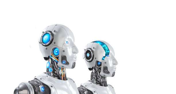 istock 3d rendering of 2 futuristic artificial intelligence robots isolated on white background in perspective side view with clipping path, 3D illustrations 2158434607