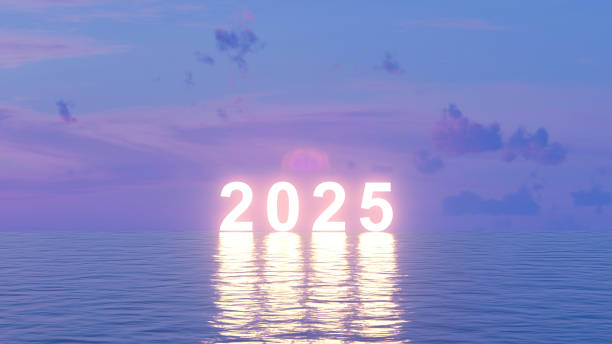 istock 2025 new year neon light text on sea 2158438688