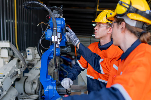 istock group of male engineer workers maintenance automatic robotic arm machine in a dark room factory. worker checking and repairing automatic robot hand machine. Worker wearing safety glasses and helmet. 2158441419