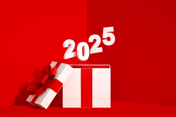 istock 2025 flying out of gift box on red background 2158444582