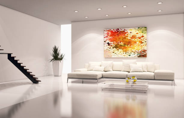 Large luxury modern bright interiors Living room mockup illustration 3D rendering image