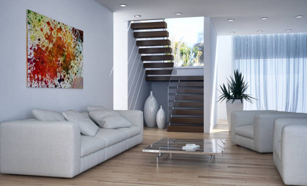 Large luxury modern bright interiors Living room mockup illustration 3D rendering image