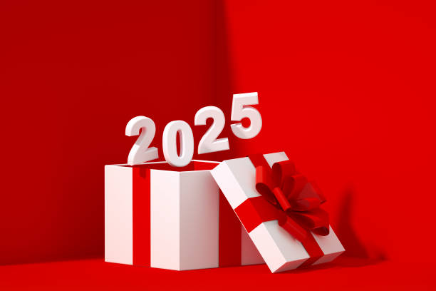 istock 2025 flying out of gift box on red background 2158444707