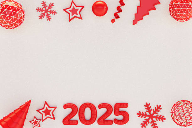 istock 2025 New Year, Christmas Ornaments on White Snow Background 2158445093