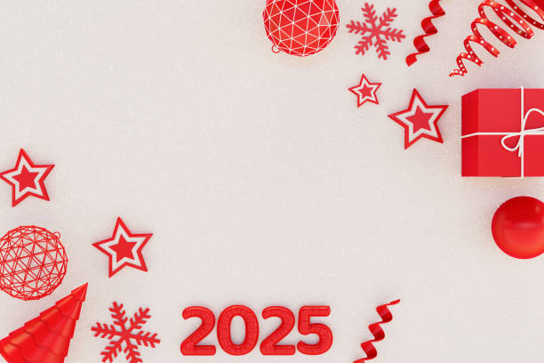 istock 2025 New Year, Christmas Ornaments on White Snow Background 2158445132