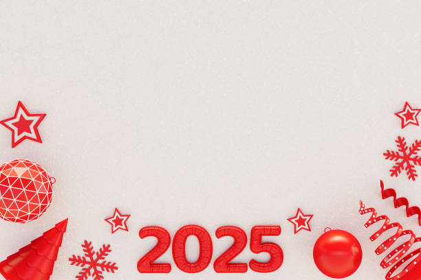 istock 2025 New Year, Christmas Ornaments on White Snow Background 2158445410