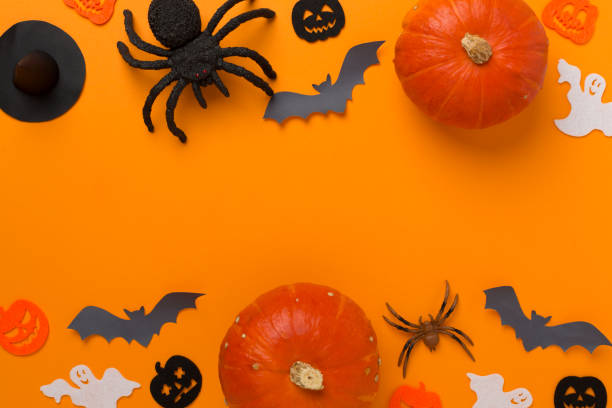 istock Halloween decoration and pumpkins on color background, top view 2158447207