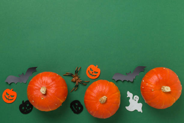 istock Halloween decoration and pumpkins on color background, top view 2158447245