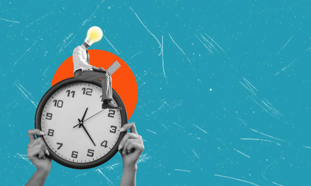 istock Artistic, modern collage picture of a huge clock and a seated man with a light bulb instead of a head, working at a laptop. 2158453685
