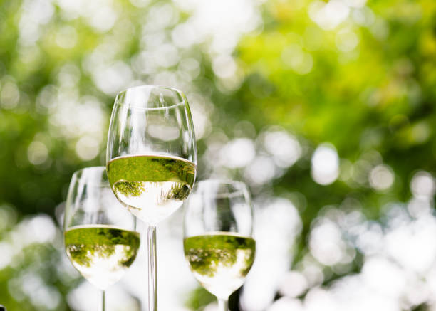 istock Three wine glasses with white wine and a beautiful bokeh on the background. 2158455393