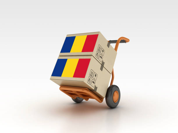 Romanian Flag with Cardboard Boxes on Hand Truck - Gray Background - 3D Rendering