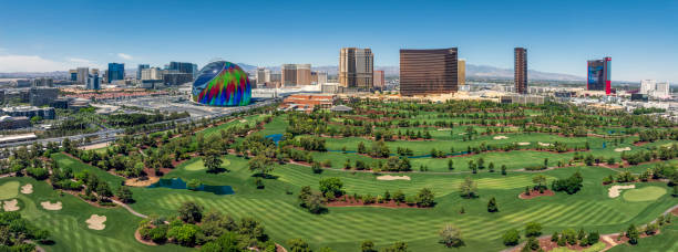 Las Vegas, Nevada USA - May 24 2024: Aerial view looking across Wynn Golf Club