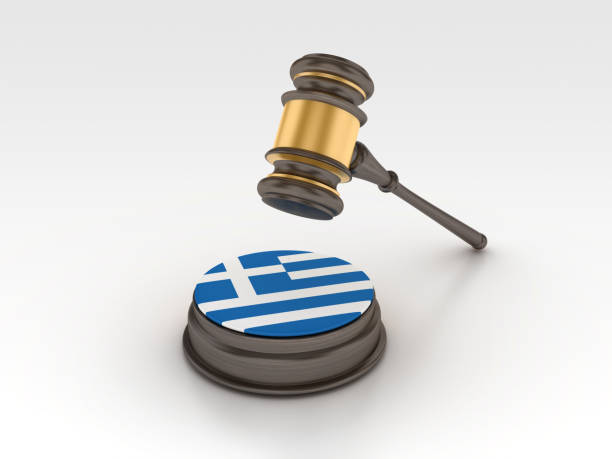 Greek Flag with Legal Gavel - Gray Background - 3D Rendering