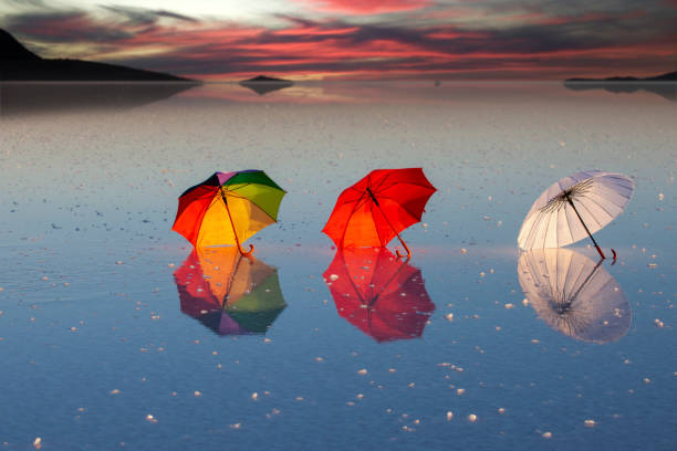 Colorful umbrellas on the water