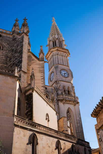 Cathedral in Manacor, Mallorca. Nice view of the clock tower. Architectural masterpiece in Balearic Islands, Spain.