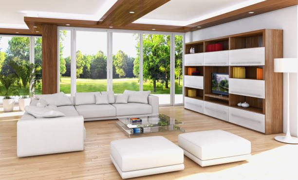 istock Large luxury modern bright interiors Living room mockup illustration 3D rendering image 2158464795
