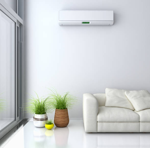 istock modern bright interiors room with air conditioning and remote control illustration 3D rendering 2158465103