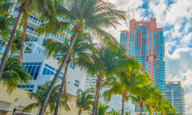 istock Skyscrapers and palms in Miami Beach under a cloudy sky 2158468935