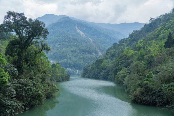 istock Mountain range with trees, mountains, clouds, and clear sky, Sikkim, India 2158470188