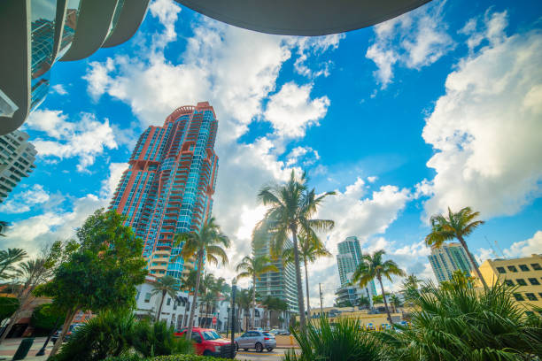 Skyscrapers and palms under a cloudy sky in Miami Beach. Florida, USA
