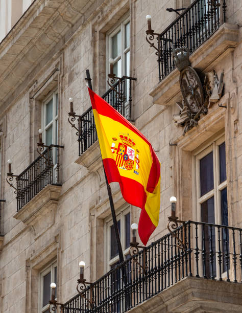 istock Spanish flag waving on a balcony in Madrid 2158473016