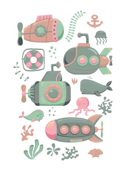 istock Submarines and marine inhabitants. Coloring. Designed for printing, fabrics, textiles, postcards. Marine print. Submarine. Vector illustration 2158477224