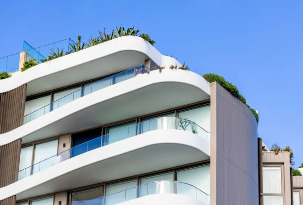 istock Top part of new, modern apartment building, background with copy space 2158479375