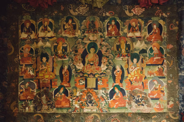 istock Buddhist mural on a wall featuring many different deities and buddhas, Sikkim, India 2158480279
