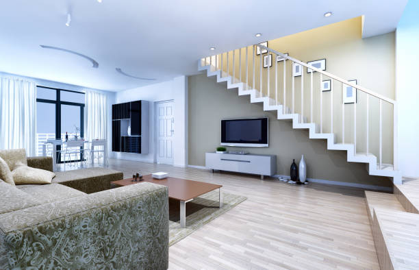Large luxury modern bright interiors Living room mockup illustration 3D rendering image