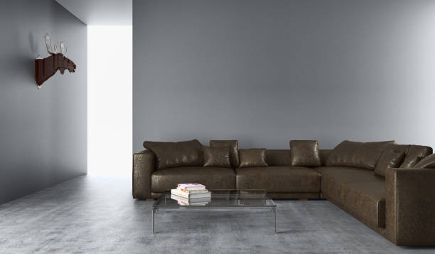 Bright, luxurious additional living room. Large corner sofa, coffee table, table with chairs, gray laminate floor, tulle window, white oval chandelier.