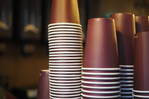 istock Lots of paper coffee cups at cafe 2158482437