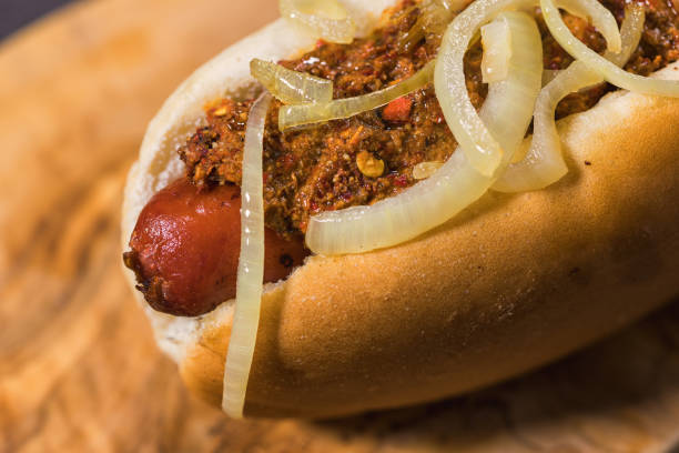 istock Freshly Grilled Chili Hot Dog 2158482534