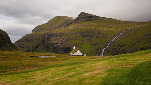 old turf Saksun church in impressive Faroe Islands