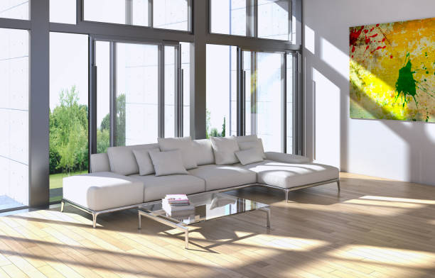 Bright, luxurious additional living room. Large corner sofa, coffee table, table with chairs, gray laminate floor, tulle window, white oval chandelier.
