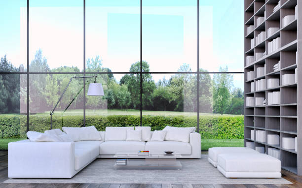istock Large luxury modern bright interiors Living room mockup illustration 3D rendering image 2158482867