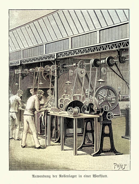 History, Industrial, Engineering, Factory workers in a workshop using roller bearings, German, 19th Century