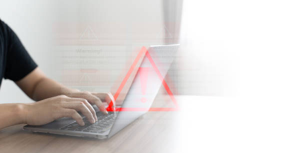 istock Emergency warning alert alarm on laptop computer, Data network protection, Virus alarm. 2158491023