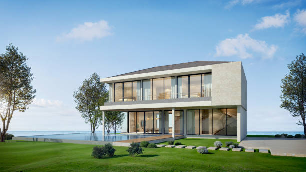 istock Modern house with pool and sea view.3d rendering 2158494362