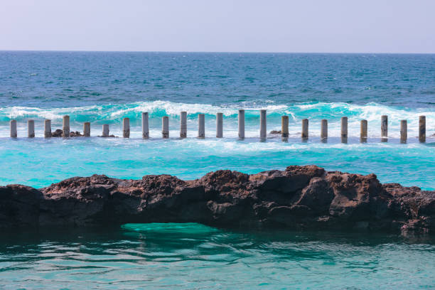 Wooden pillars in a row in the ocean. Waves hit rocks in the water. Wooden boardwalk