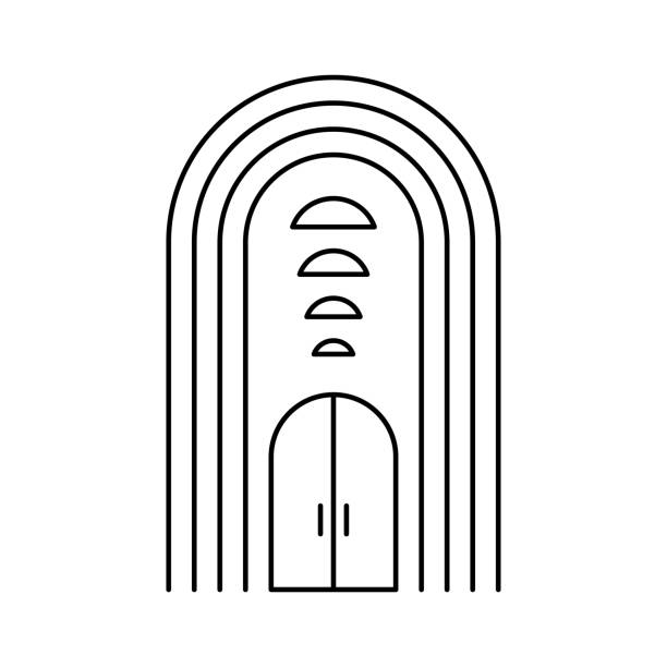 stockillustraties, clipart, cartoons en iconen met door and arch icon. black contour linear silhouette. editable strokes. vertical front view. vector simple flat graphic illustration. isolated object on a white background. isolate. - boog architectonisch element