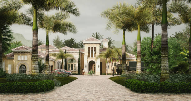 istock Luxurious Tropical Estate with Palms and Driveway 2158498648